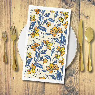Serviette En Papier Fleur Florale Vintage Jaune Orange Bleu Feuille