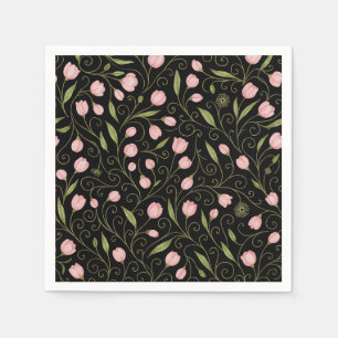 Serviette En Papier Fleur mignonne, rose sur noir avec motif répétitif