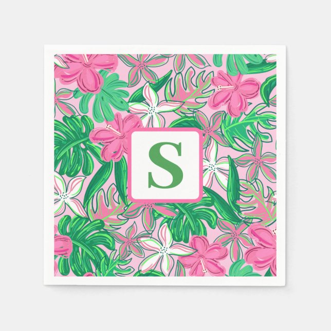 Serviette En Papier Fleur Monogramme rose blanc vert Preppy (Devant)