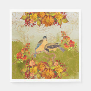 Serviette En Papier Fleur & Oiseaux, Orange, Jaune, Serviettes vert ro