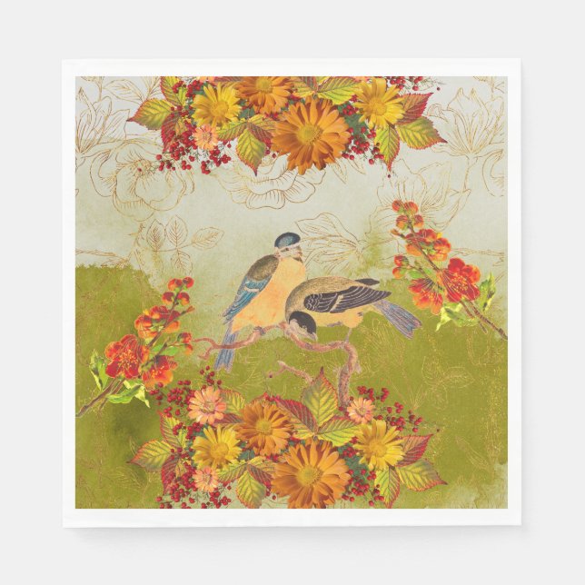Serviette En Papier Fleur & Oiseaux, Orange, Jaune, Serviettes vert ro (Devant)
