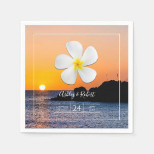 Serviette En Papier Fleur Plumeria blanche avec coucher de soleil doré