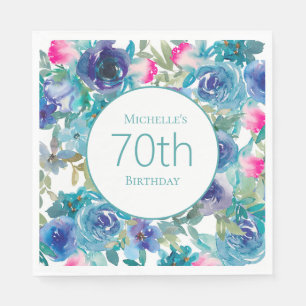 Serviette En Papier Fleur rose sarcelle aquarelle 70e anniversaire