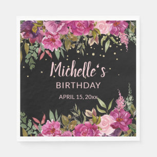 Serviette En Papier Fleur rose violet Paillettes or Noir Anniversaire