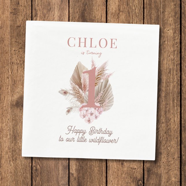 Serviette En Papier Fleur sauvage 1er anniversaire fille (Boho Wildflower 1st Birthday Girl Napkins for first birthday party, on a rustic background)