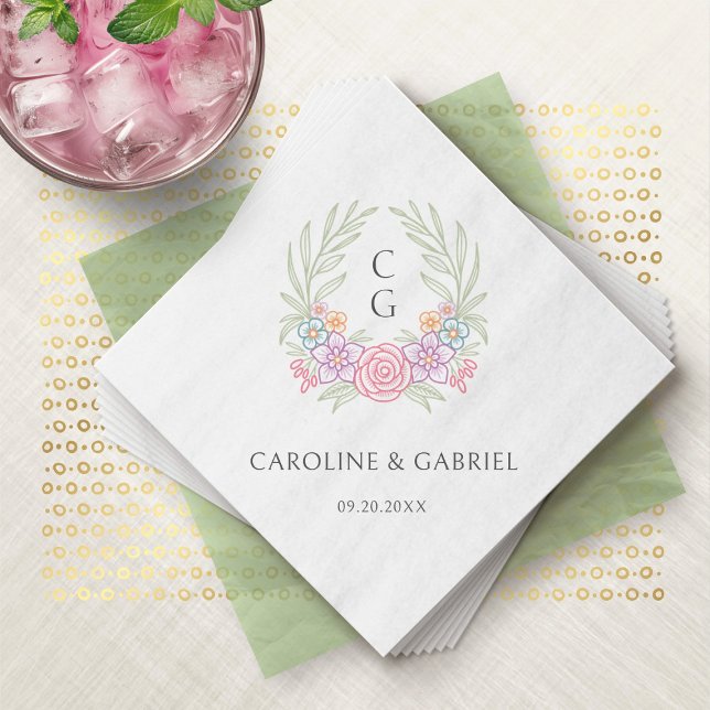 Serviette En Papier Fleur sauvage Monogram Crest Mariage (Créateur téléchargé)