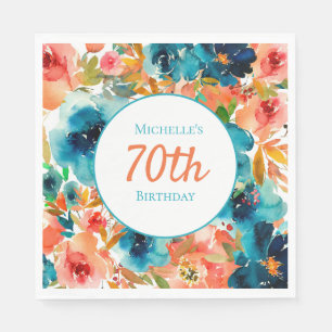 Serviette En Papier Fleur Teal Orange Aquarelle 70e Anniversaire
