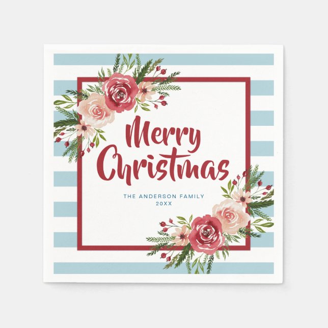 Serviette En Papier Fleurs aquarelles à rayures bleues Noël (Devant)