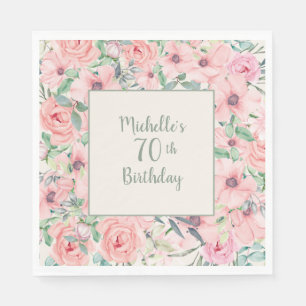Serviette En Papier Fleurs aquarelles rose blush pour 70e anniversaire