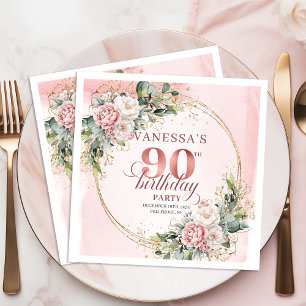 Serviette En Papier Fleurs aquarelles Rose Gold Fête d'anniversaire 90
