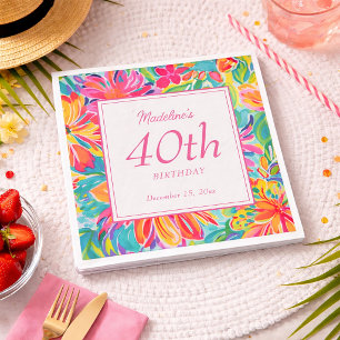 Serviette En Papier Fleurs aquarelles rose orange pour 40e anniversair