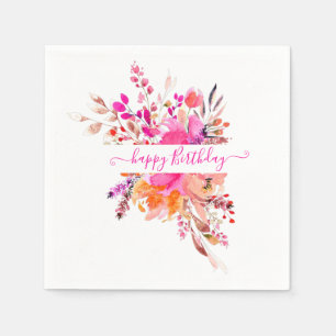 Serviette En Papier Fleurs aquarelles rose vif personnalisées  