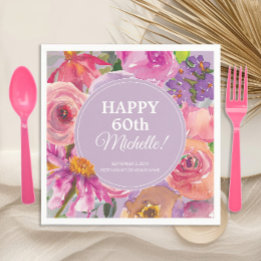 Serviette En Papier Fleurs aquarelles rose violet 60 ans