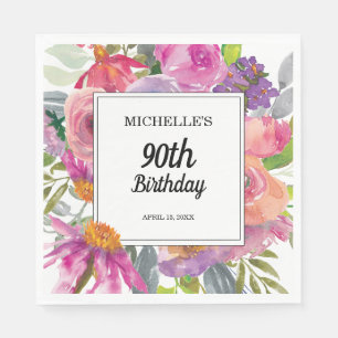 Serviette En Papier Fleurs aquarelles rose violet 90e anniversaire