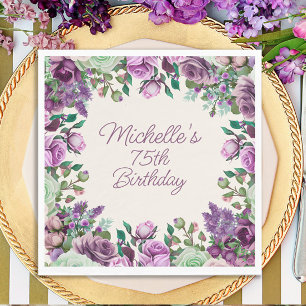Serviette En Papier Fleurs aquarelles vert menthe violet pour 75e anni