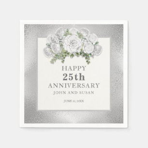 Serviette En Papier Fleurs blanches argentées 25e anniversaire de mari