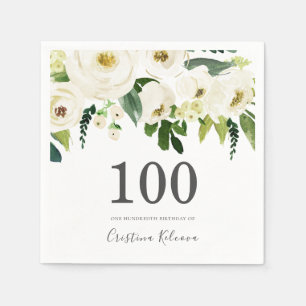 Serviette En Papier Fleurs blanches et crème Elégante 100e anniversair