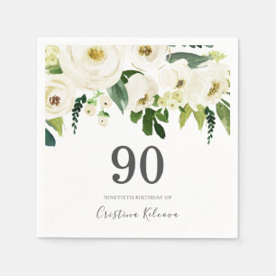 Serviette En Papier Fleurs blanches et crème Elégante 90e anniversaire