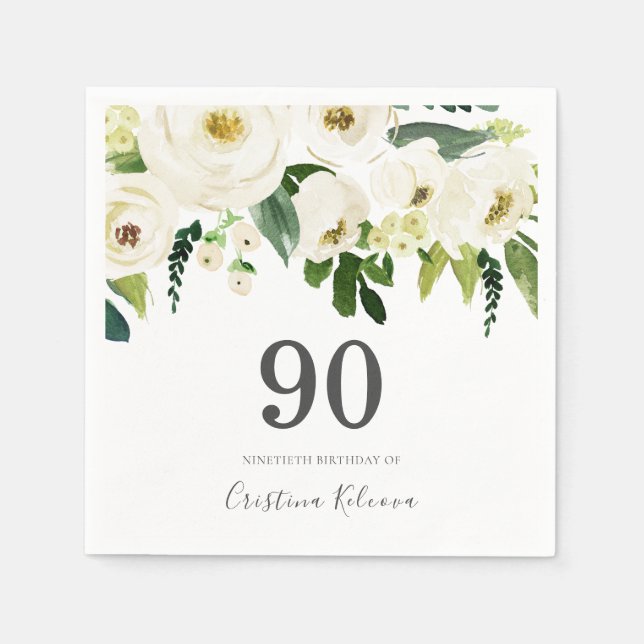 Serviette En Papier Fleurs blanches et crème Elégante 90e anniversaire (Devant)
