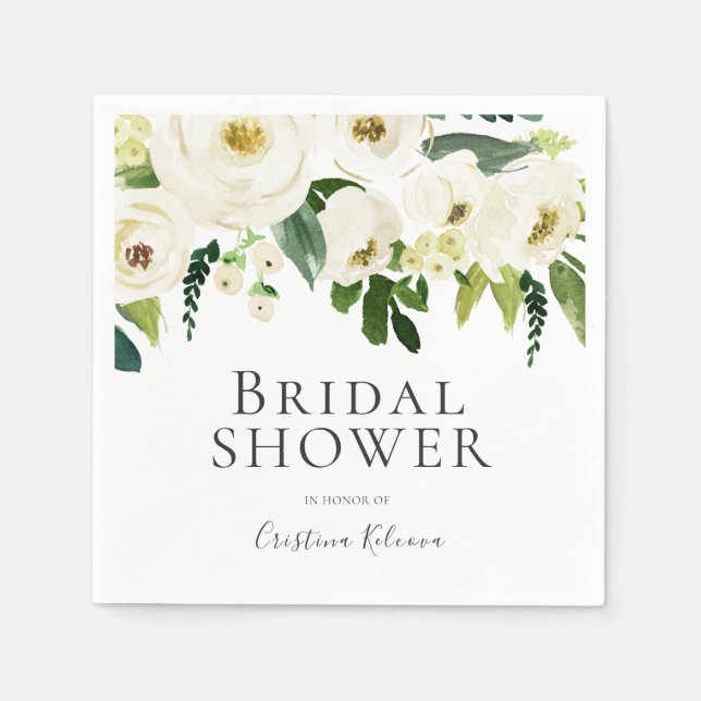 Serviette En Papier Fleurs blanches et crème Fête des mariées élégante (Devant)