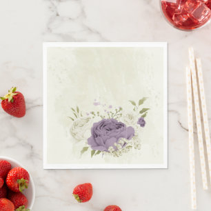 Serviette En Papier fleurs blanches mauve verdure mariage