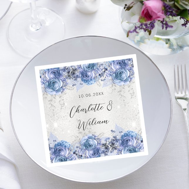 Serviette En Papier Fleurs bleu argent mariage (Créateur téléchargé)