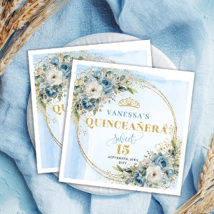 Serviette En Papier Fleurs Bleu Pastel Or Serviettes 15ème Anniversair