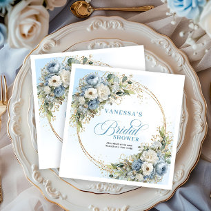 Serviette En Papier Fleurs bleu poussiéreux bohèmes cadre doré mariage