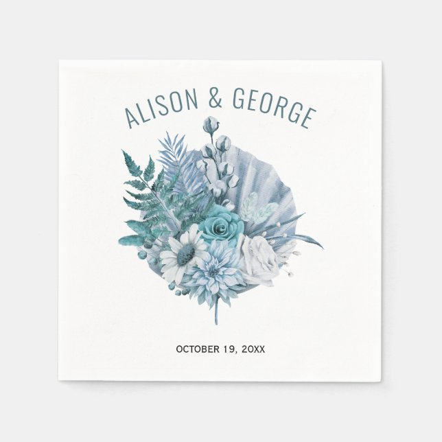 Serviette En Papier fleurs bleu turquoise et aqua, mariage en feuille  (Devant)