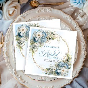 Serviette En Papier Fleurs bleues à l'aquarelle eucalyptus fête dorée