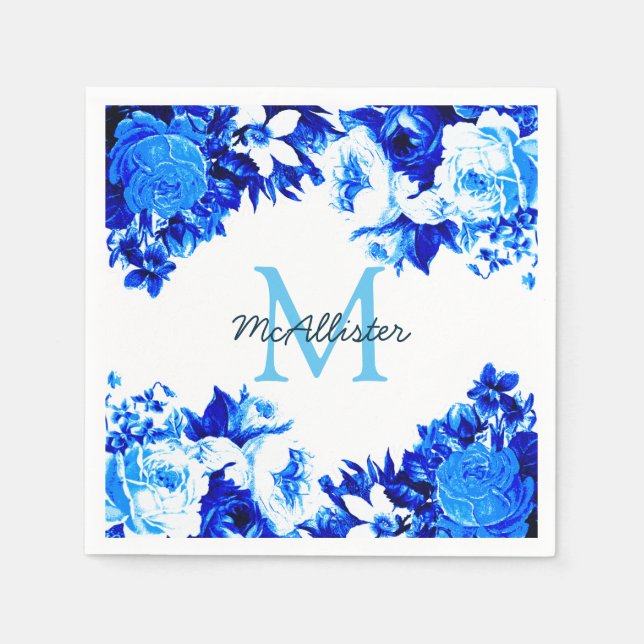 Serviette En Papier Fleurs Bleues Cobalt Élégantes | Personnalisé (Devant)