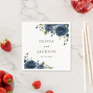 Serviette En Papier Fleurs bleues de la Marine, Verdure, Boho, Mariage