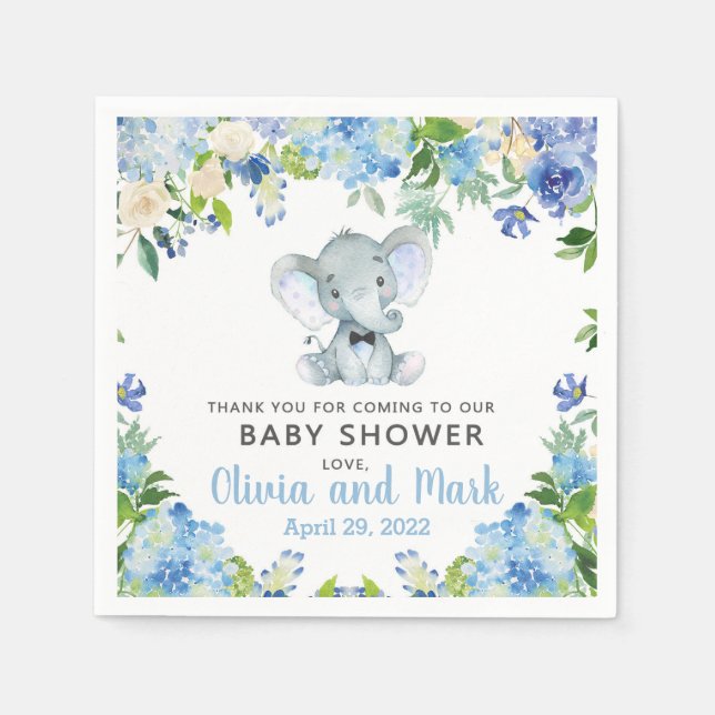 Serviette En Papier Fleurs bleues éléphant & arc cravate baby shower s (Devant)