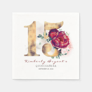 Serviette En Papier Fleurs Bourgogne et typographie de l'or 15e annive