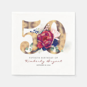 Serviette En Papier Fleurs Bourgogne et typographie de l'or 50e annive