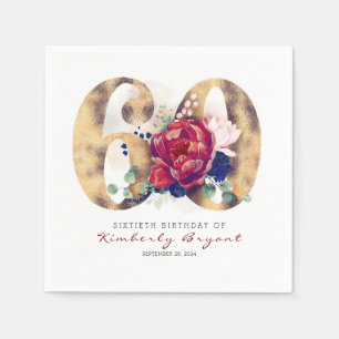 Serviette En Papier Fleurs Bourgogne et typographie de l'or 60e annive