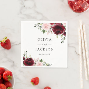 Serviette En Papier Fleurs Bourgogne, Fleurs roses, Verdure, Mariage