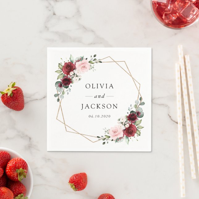 Serviette En Papier Fleurs Bourgogne, Fleurs roses, Verdure, Mariage (En situation)