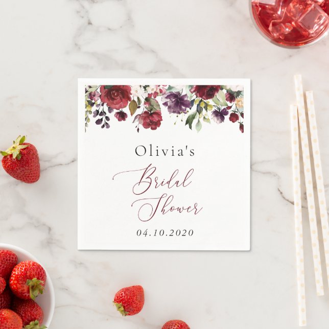 Serviette En Papier Fleurs Bourgognes, Fleurs Roses, Fête des mariées  (En situation)