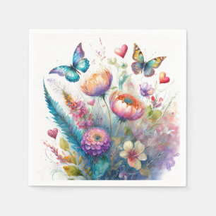 Serviette En Papier Fleurs, cœurs et papillons