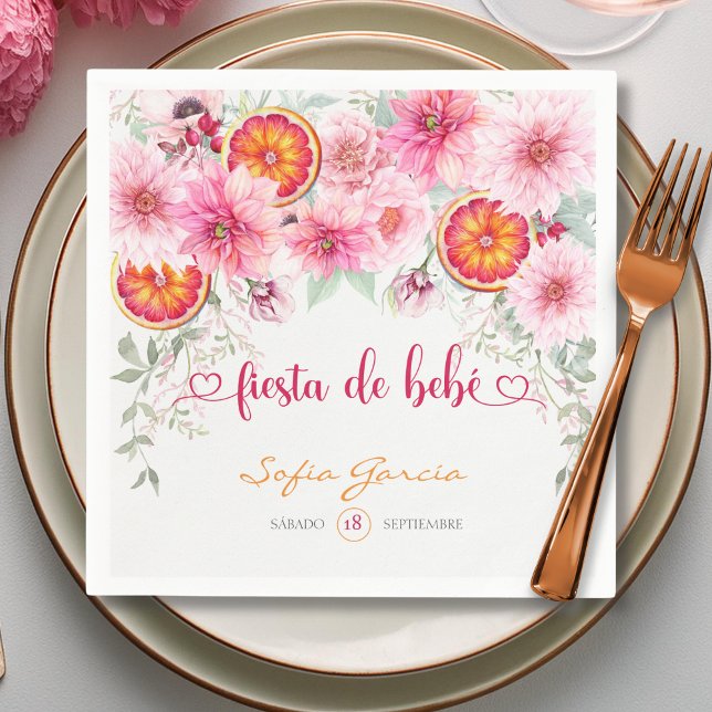 Serviette En Papier Fleurs d'agrumes et roses Fiesta Baby shower espag (Citrus and pink watercolor flowers baby shower party napkins)