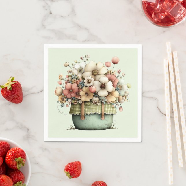 Serviette En Papier Fleurs dans un pot Cozy Shabby Mignon (En situation)