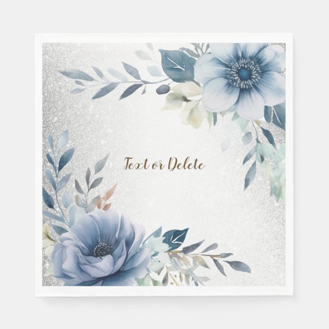 Serviette En Papier Fleurs d'Aquarelle bleu Dusty Silver Elégant (Devant)