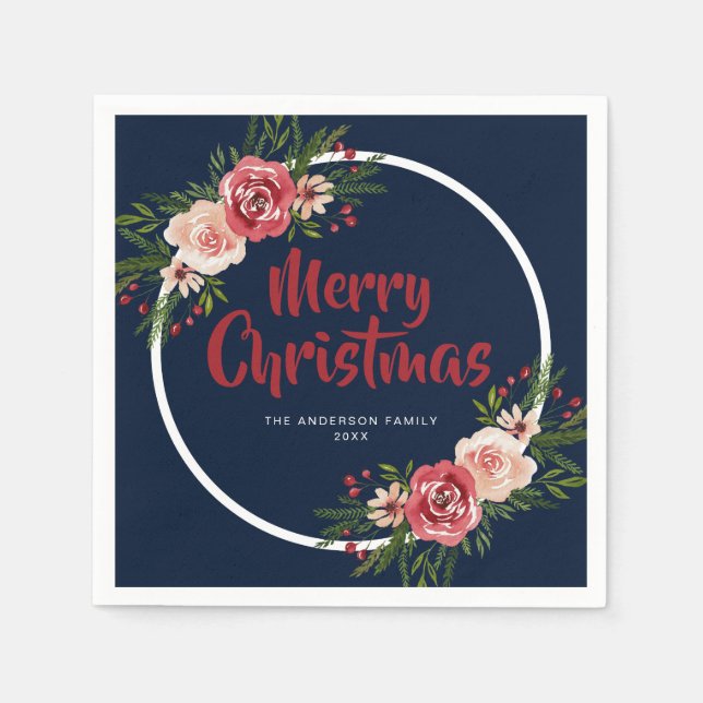 Serviette En Papier Fleurs d'aquarelle bleu marine moderne Noël (Devant)