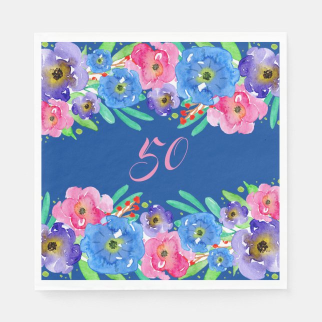 Serviette En Papier Fleurs d'aquarelle bleue Anniversaire (Devant)