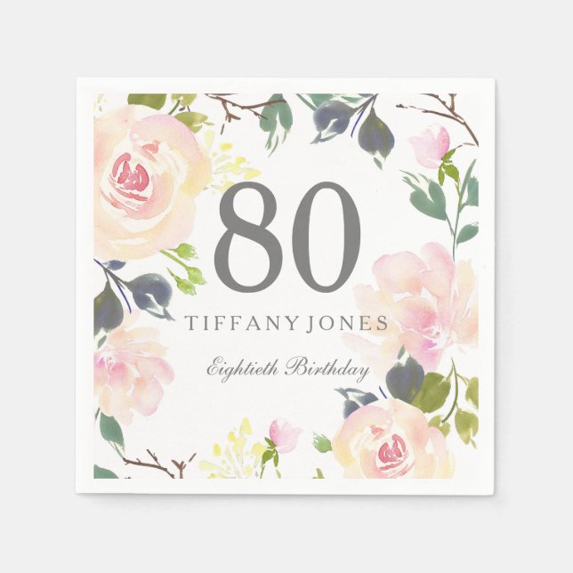 Serviette En Papier Fleurs d'aquarelle botanique 80e fête d'anniversai (Devant)