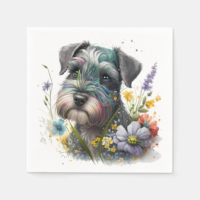 Serviette En Papier Fleurs d'aquarelle et chiot Schnauzer (Devant)