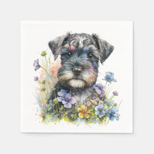 Serviette En Papier Fleurs d'aquarelle et chiot Schnauzer