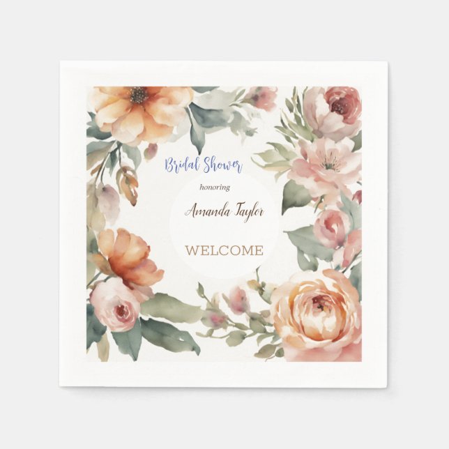 Serviette En Papier Fleurs d'aquarelle Fête des mariées minimale (Devant)