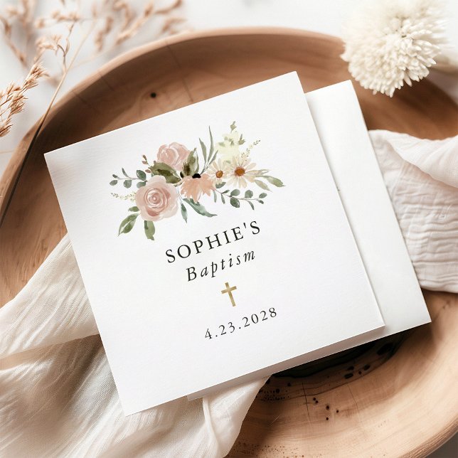 Serviette En Papier Fleurs d'aquarelle neutres simples | Baptême (Créateur téléchargé)